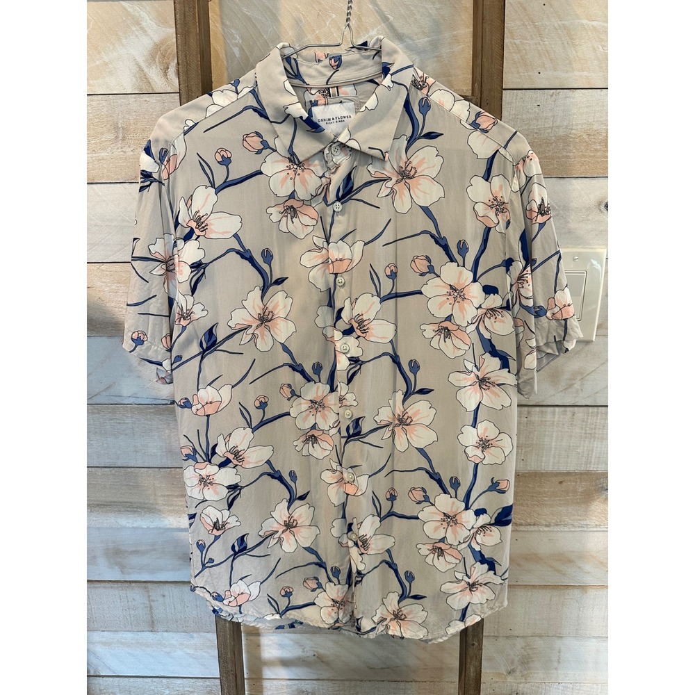 Denim & Flower Ricky Singh Mens Small Floral Cherry Blossom Button Up Shirt Gray